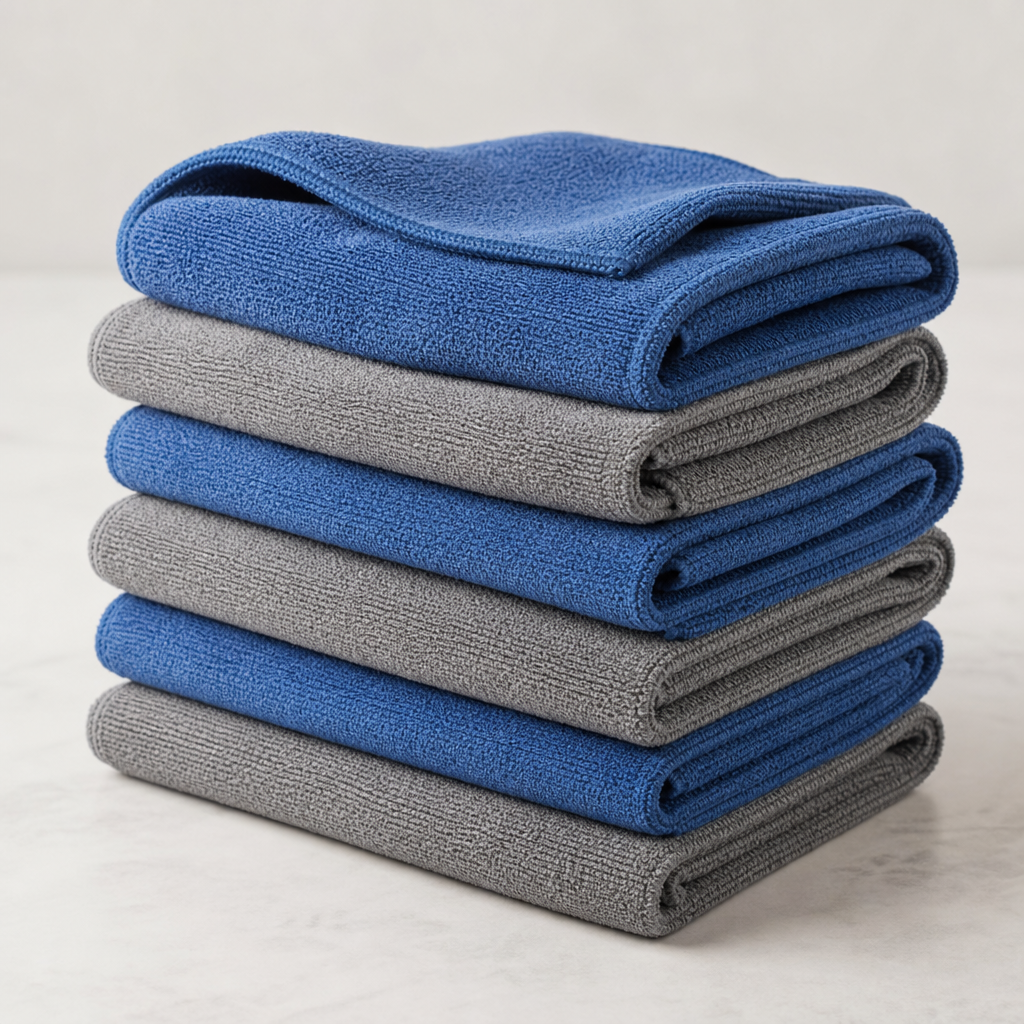 Stack of blue and gray microfiber detailing towels