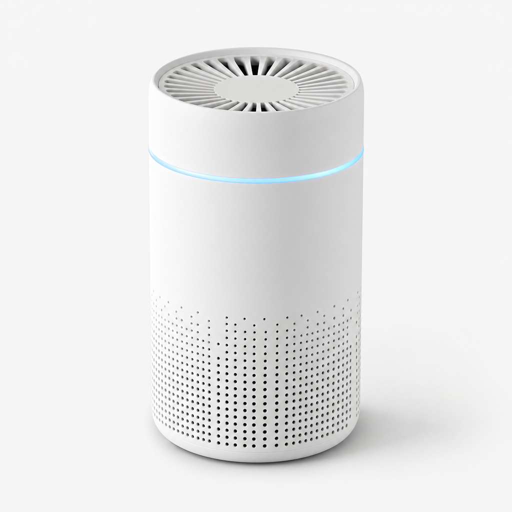 Mini portable car air purifier with cylindrical body and soft status light