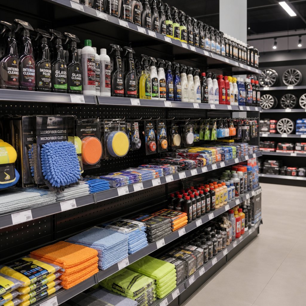 Retail shelves with neatly arranged car care and accessory products in a modern auto goods store