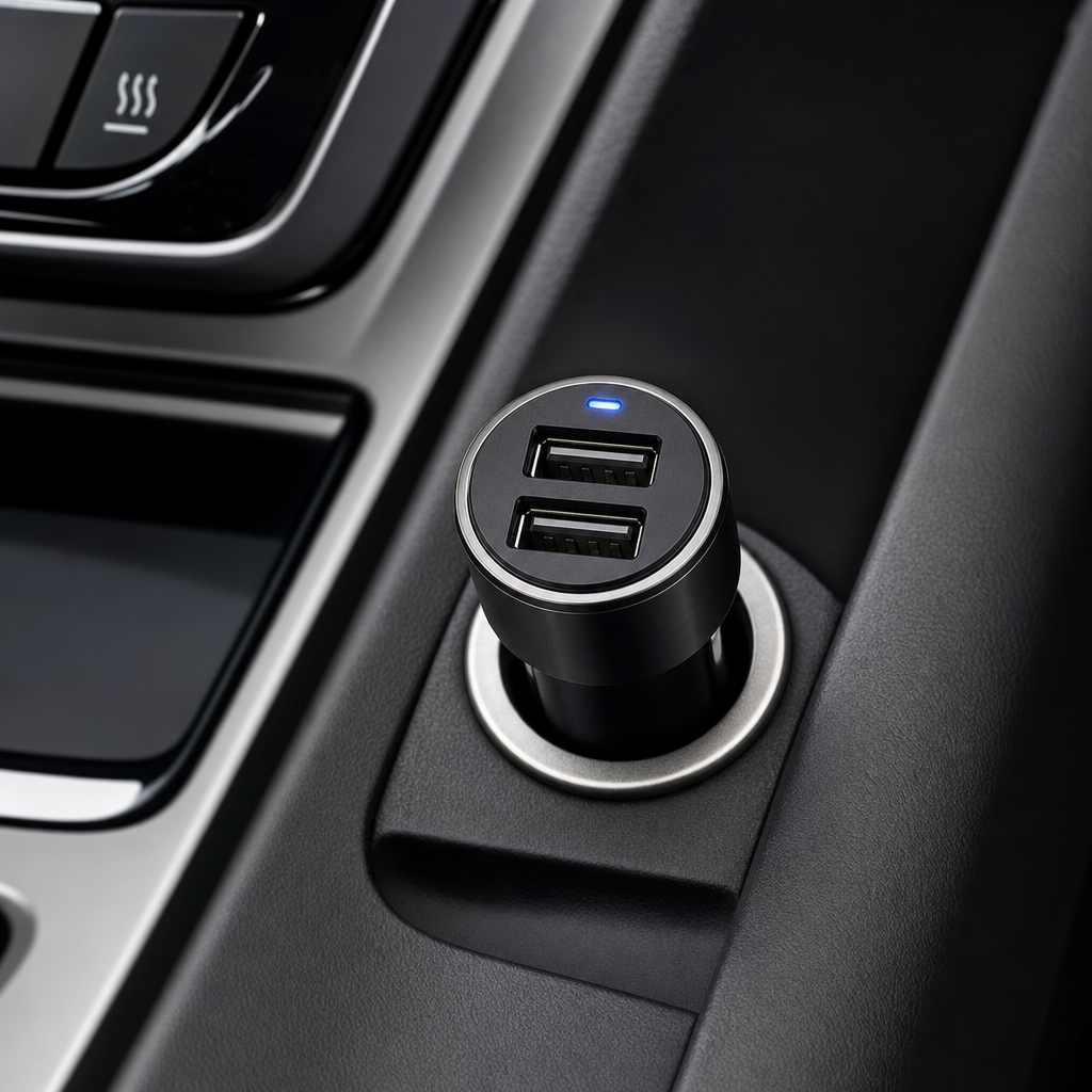 Compact dual USB car phone charger plugged into a vehicle socket