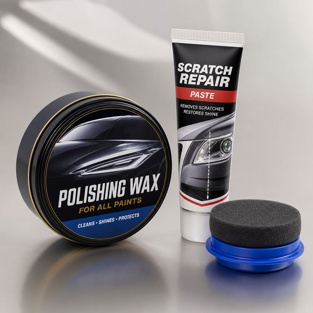 Polishing wax and scratch repair paste containers with applicator pad