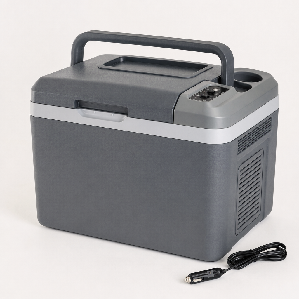 Portable car cooler and warmer box with handle and 12V cable