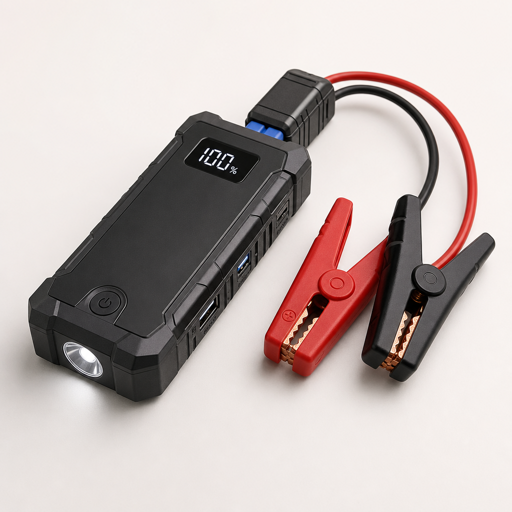 Portable car jump starter power bank with clamps and display