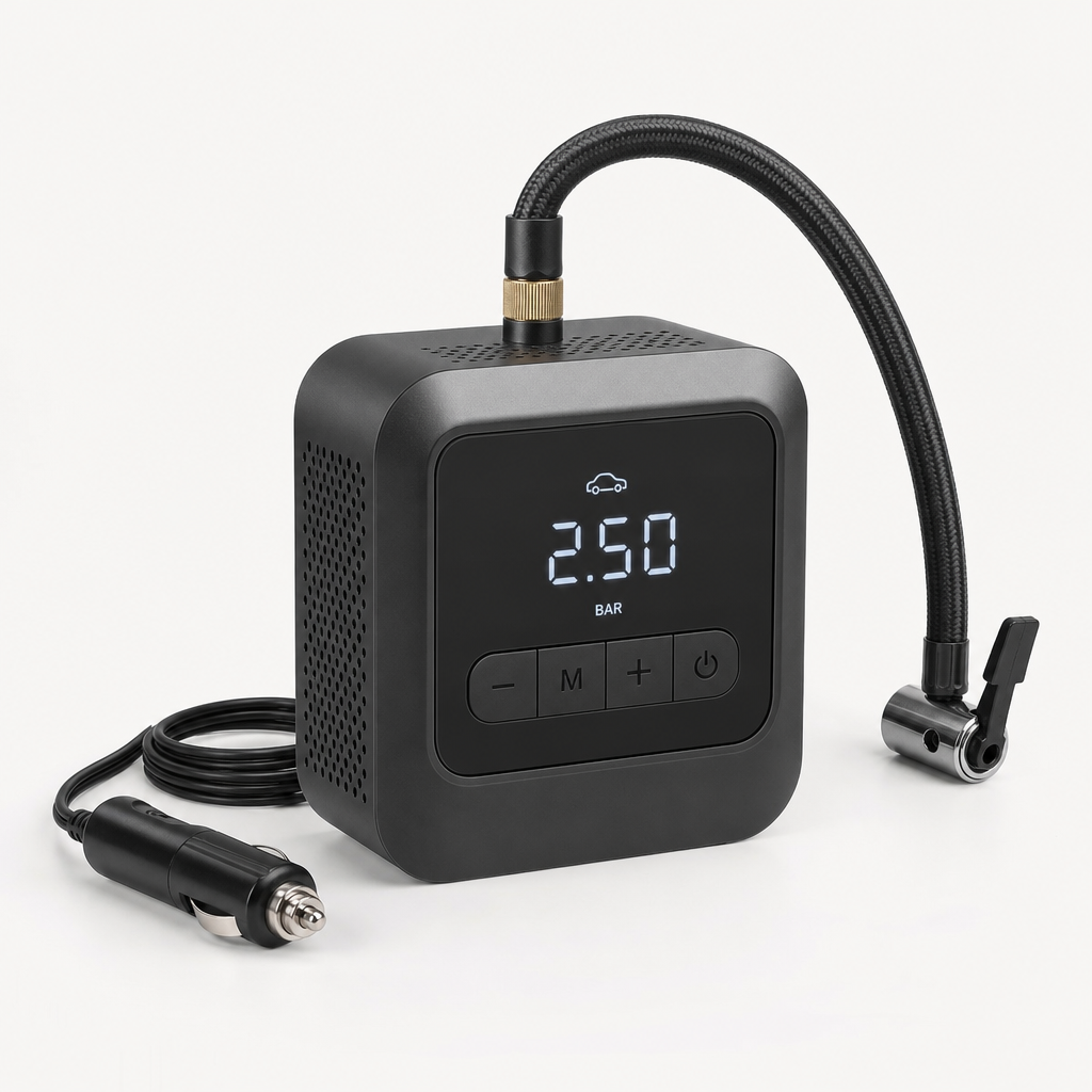 Compact portable mini car air compressor with digital display and coiled hose