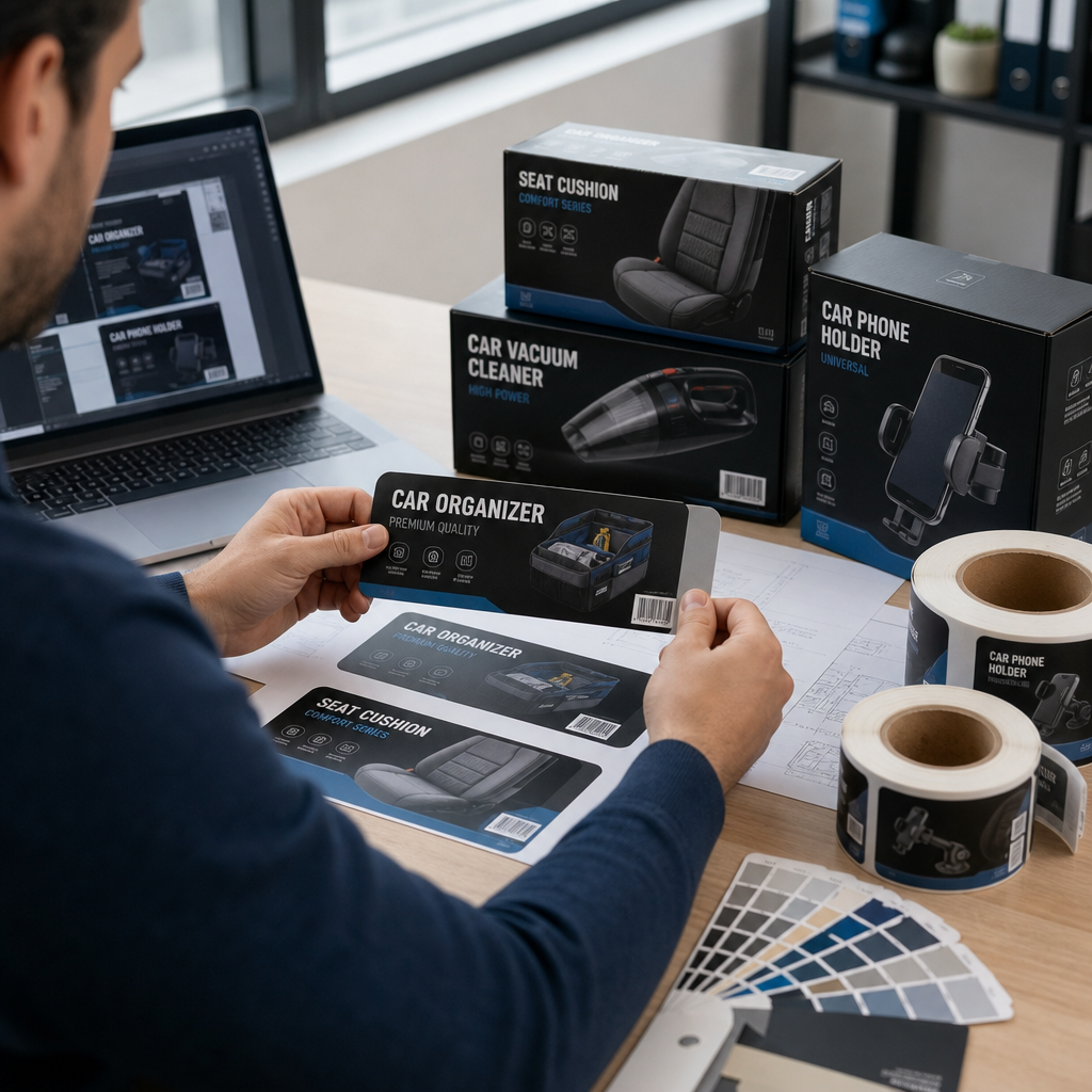 Product designer reviewing custom packaging and labels for car accessories