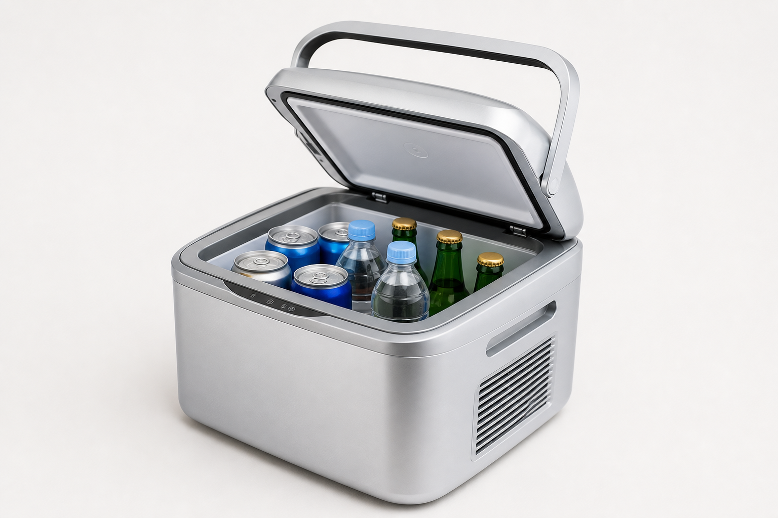 Compact refrigerated car beverage storage box in silver with carry handle