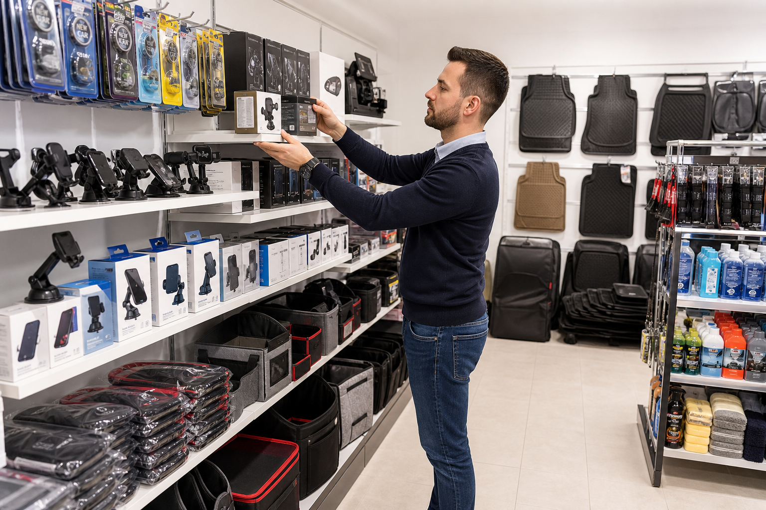 Store manager arranging shelves with car mats, air fresheners, and phone mounts in a bright retail auto accessories shop