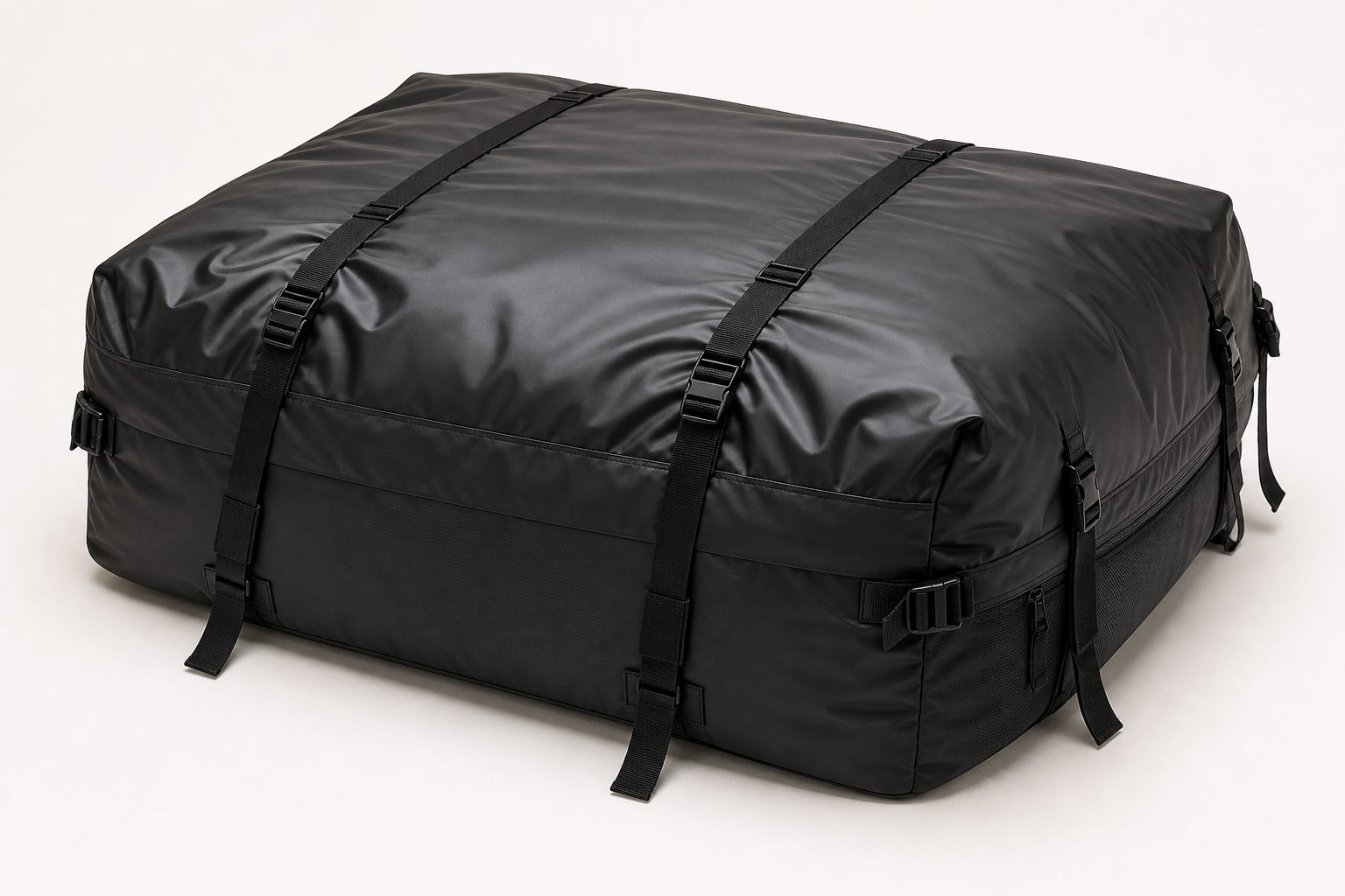 Large black roof travel storage luggage bag with straps and waterproof cover