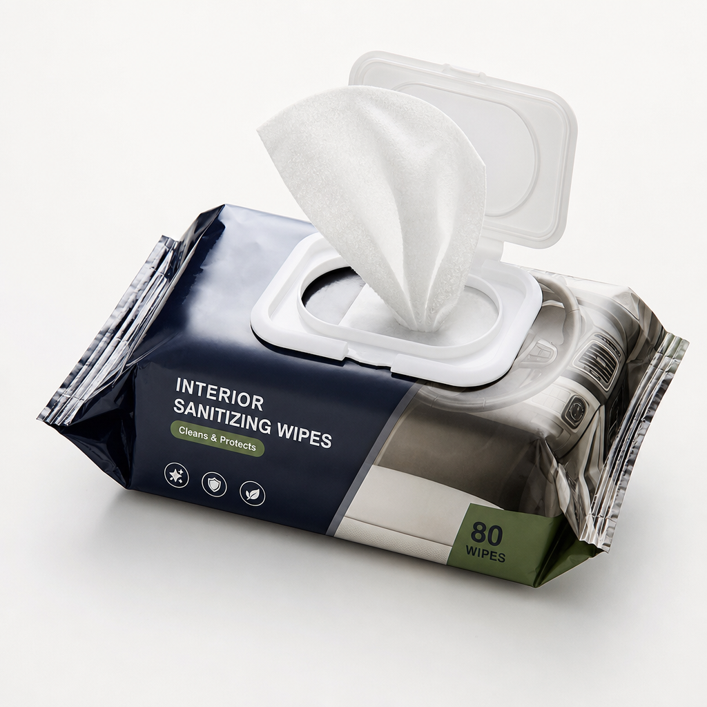 Pack of disposable car interior sanitizing wipes with flip lid