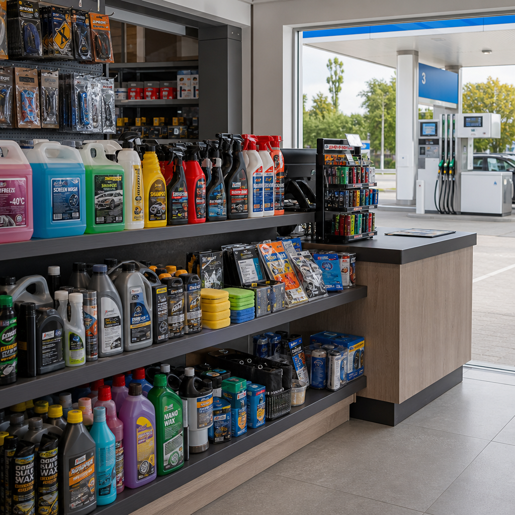 Gas station shop counter with car wash and repair consumables neatly arranged
