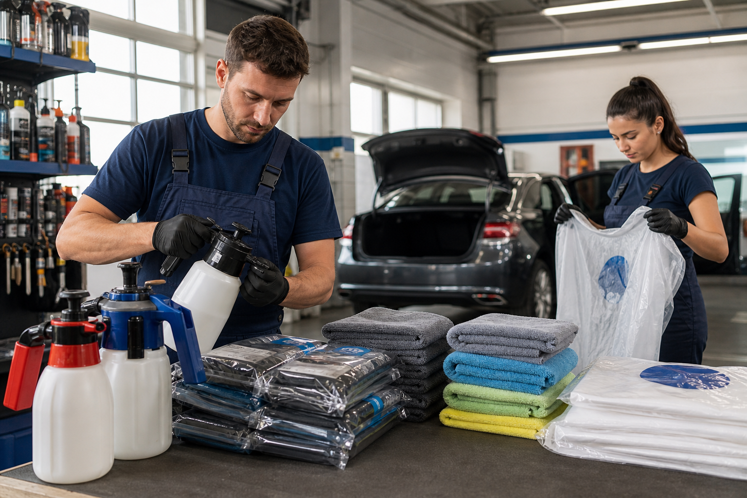 Mechanic and car wash staff preparing cleaning supplies in a bright service station