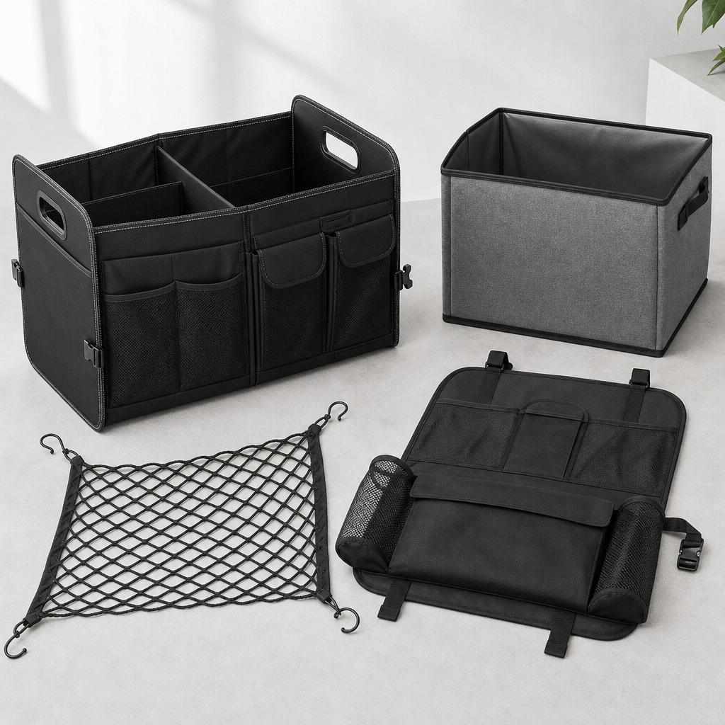 Vehicle storage organizers including trunk boxes, collapsible bins, and seat-back pockets in neutral fabric tones