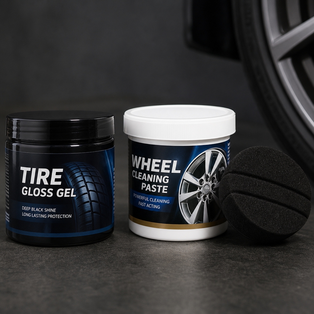 Tire gloss gel and wheel cleaning paste containers with applicator sponge