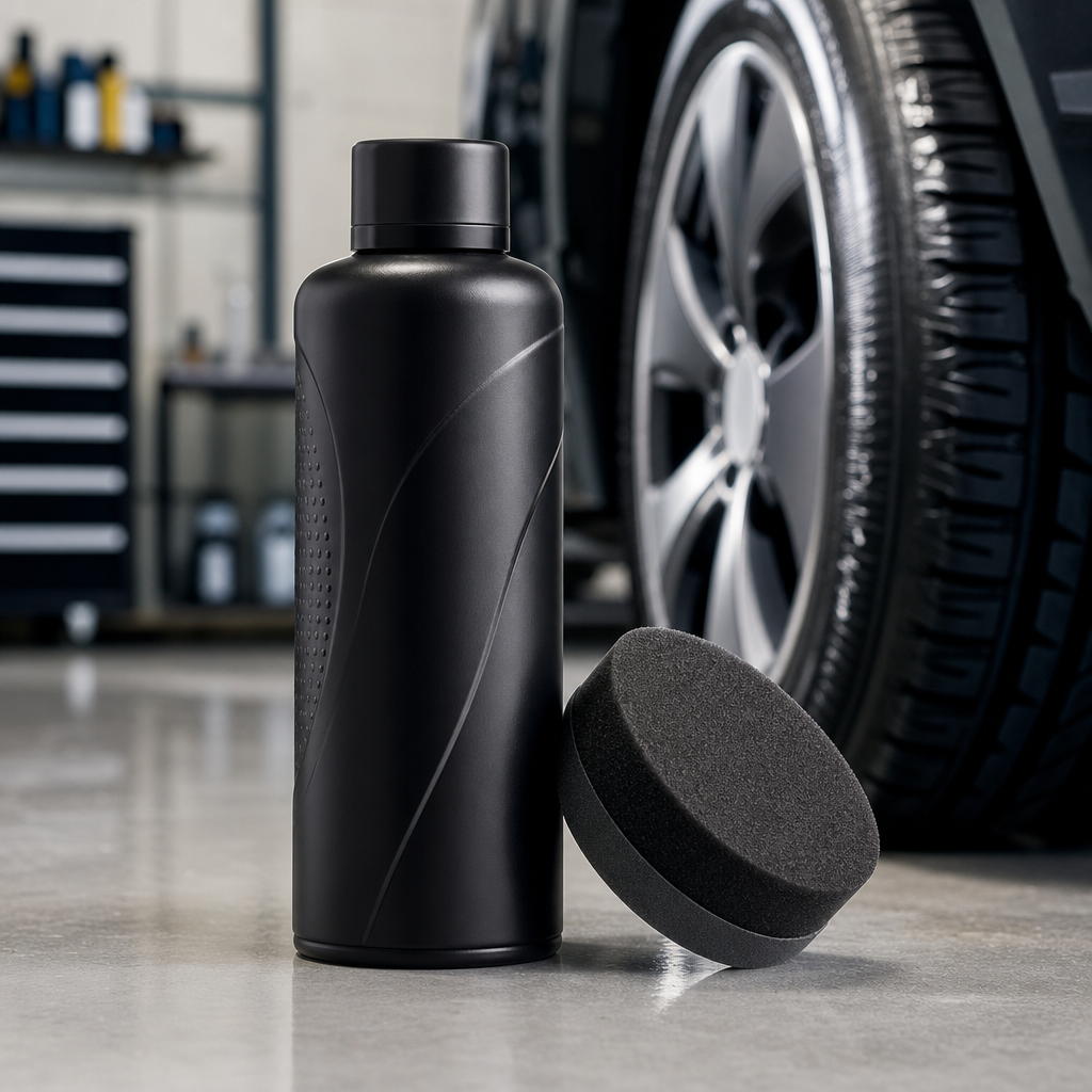 Bottle of tire gloss with applicator sponge on a garage surface