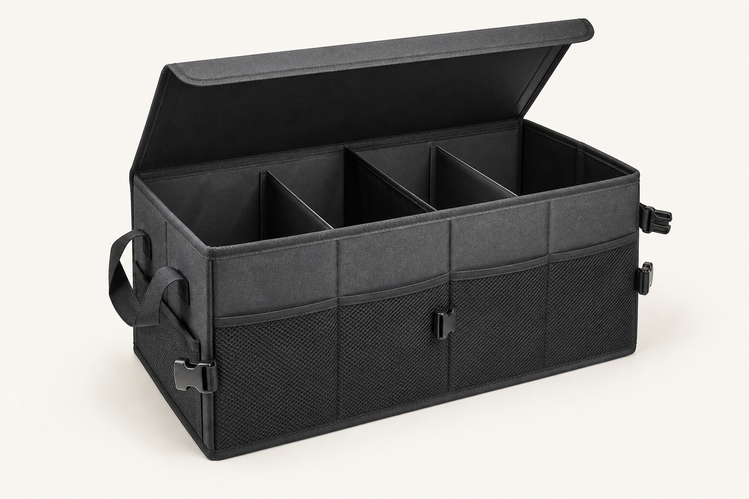 Dark gray foldable trunk storage box with lid and movable dividers