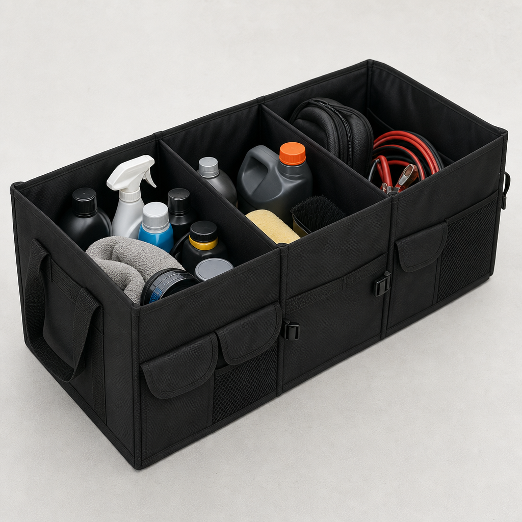Foldable black trunk organizer with multiple compartments