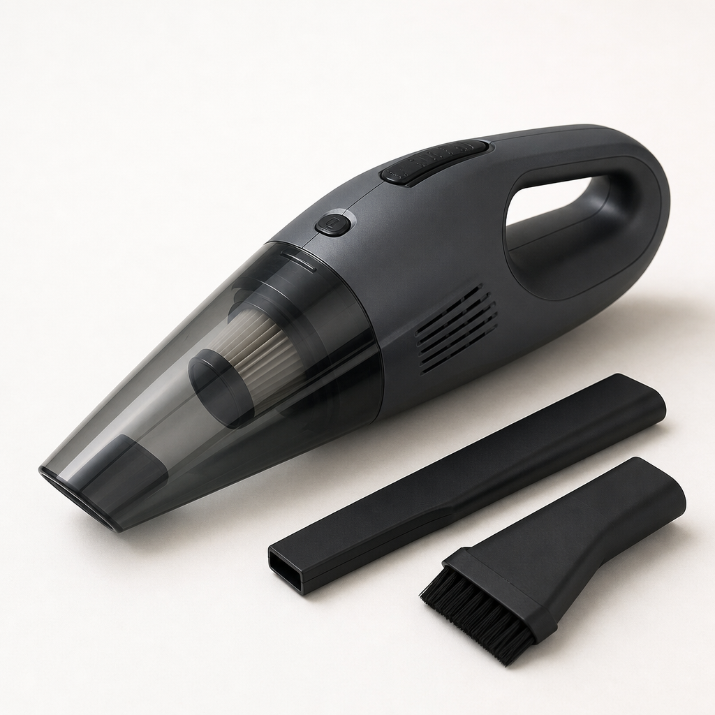 Handheld car vacuum cleaner with attachments on a workbench