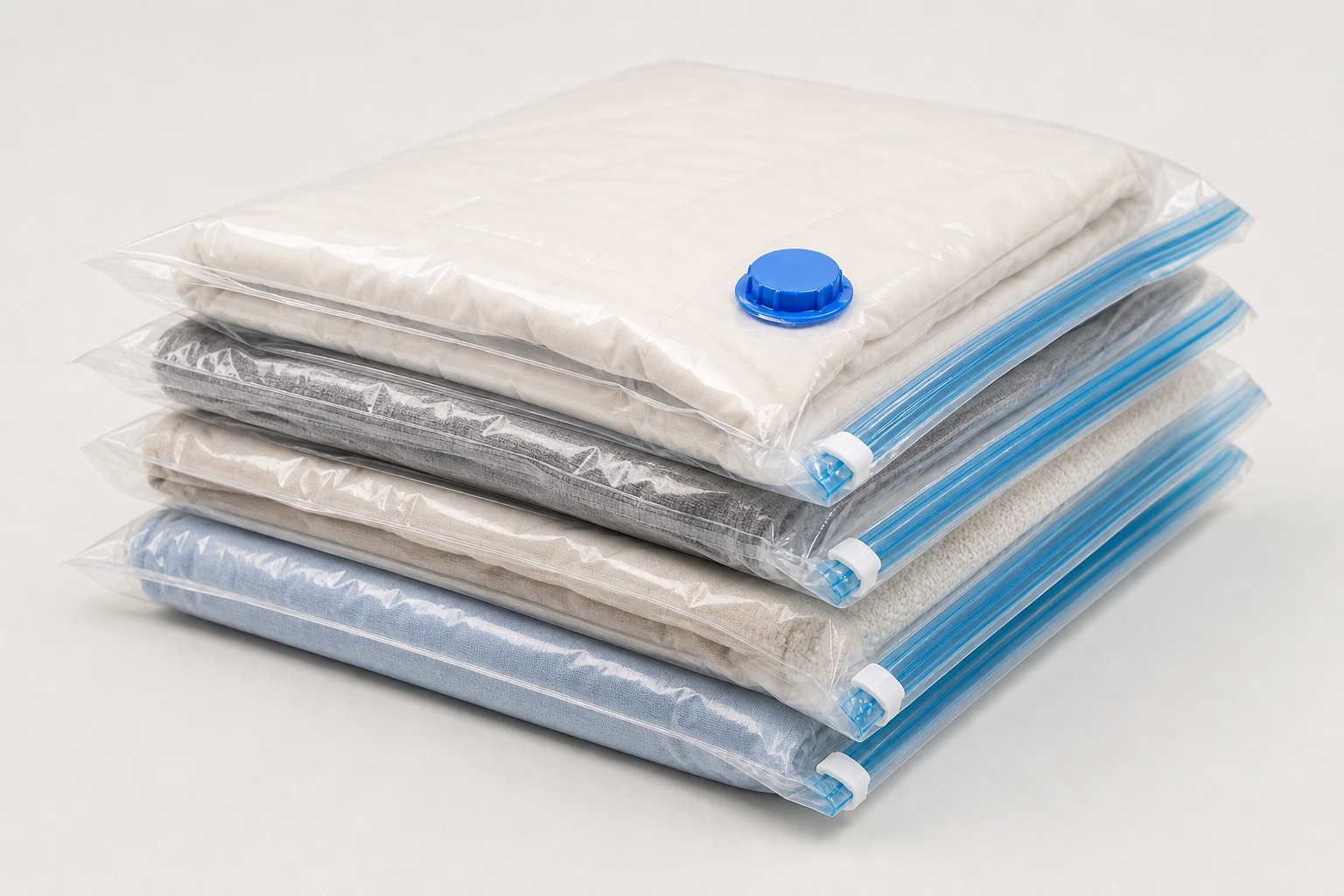 Set of clear vacuum sealed car clothing storage bags with blue zipper valve