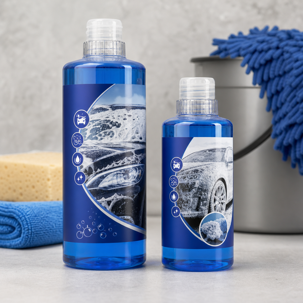 Multi-functional car washing liquid and foam cleaner bottles with blue labels