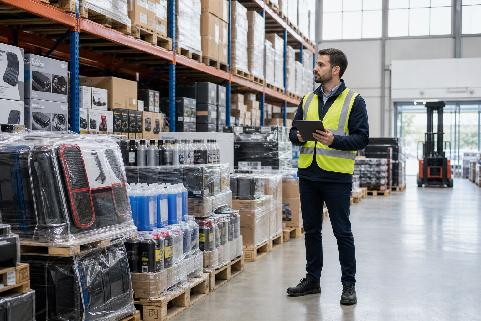 Pallets of boxed auto accessories in a clean warehouse with a logistics manager holding a tablet