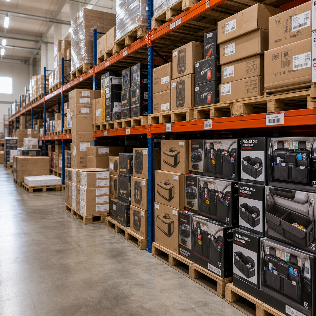 Warehouse aisle with pallets of boxed auto accessories ready for distribution