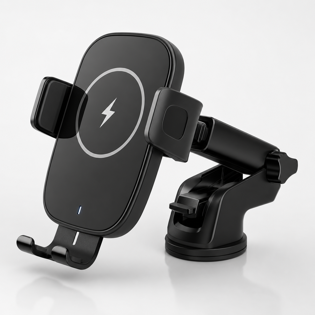 Wireless car phone charger mount with adjustable arm and vent clip