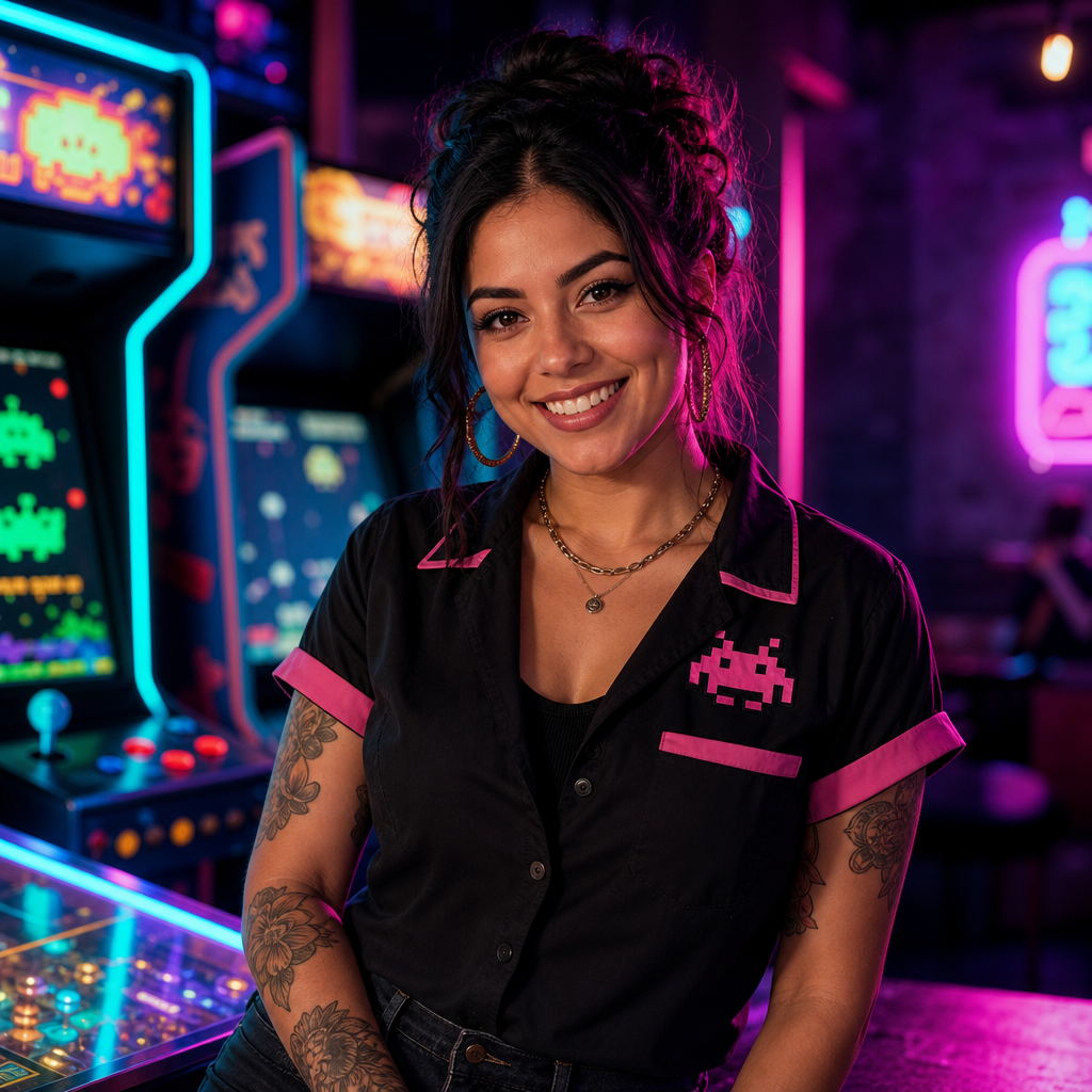 Stylized neon arcade badge avatar for Tasha Romero
