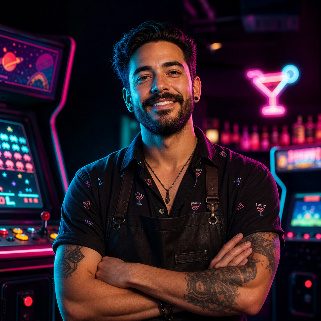 Stylized neon arcade badge avatar for Marcus Vale