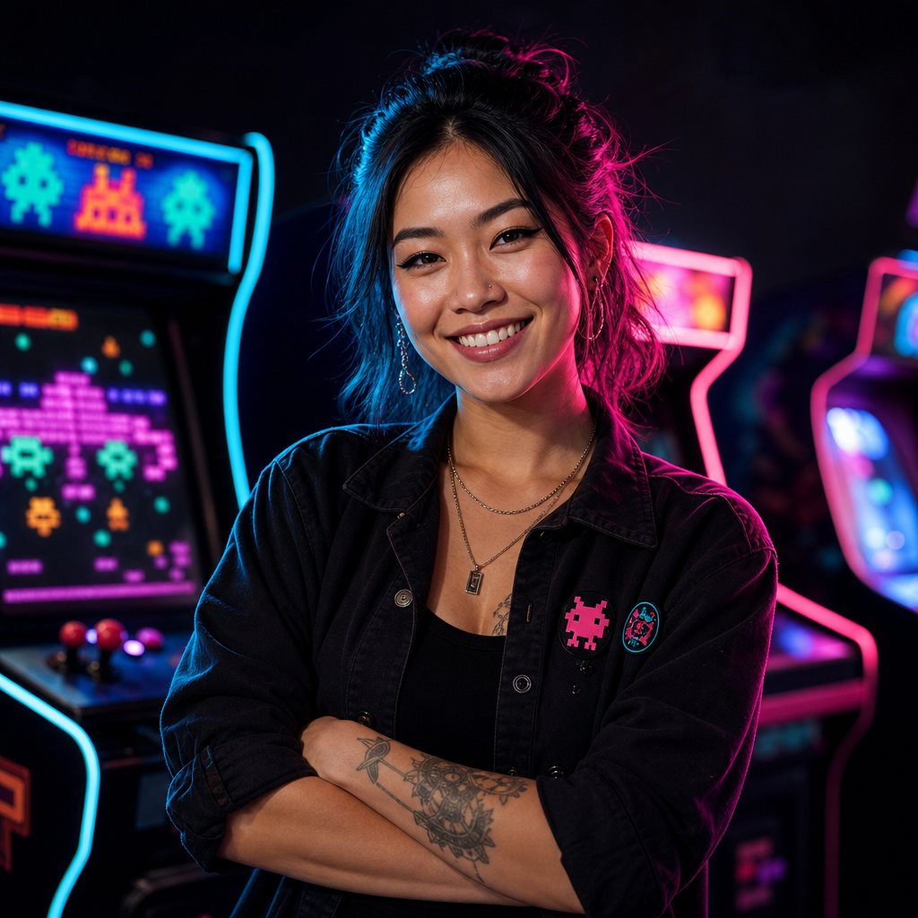 Stylized neon arcade badge avatar for Riley Chen