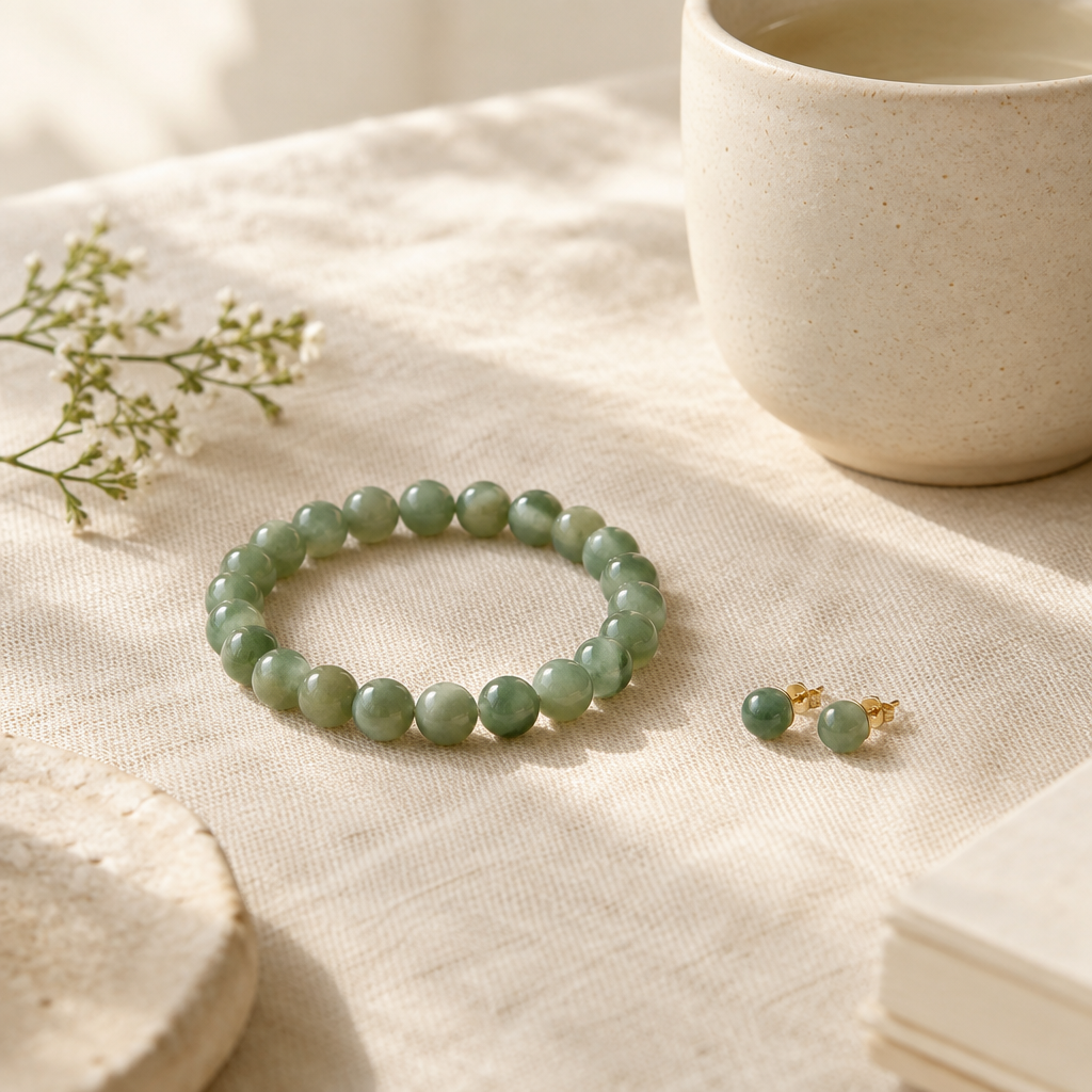 Minimal jade bracelet and small earrings on cream linen beside a ceramic cup