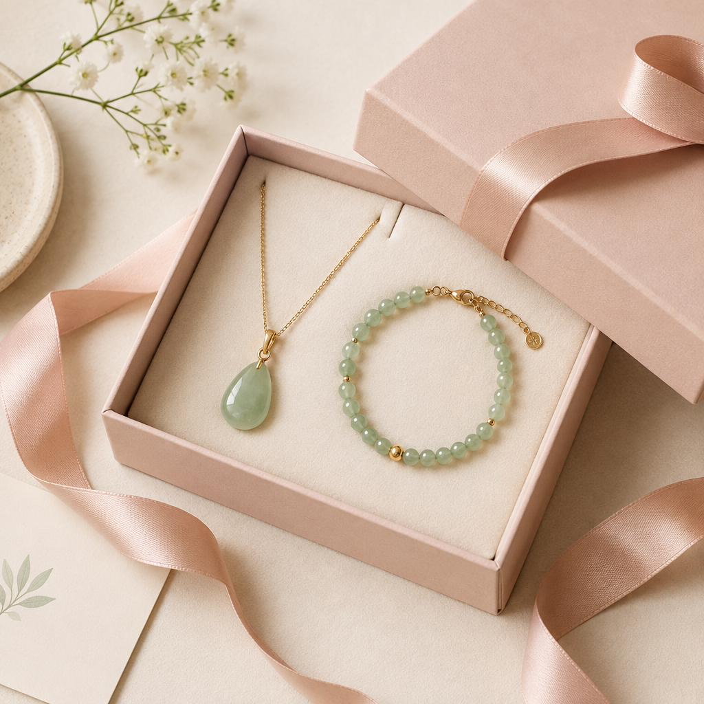 Softly styled jade pendant and bracelet arranged in an open gift box with a satin ribbon