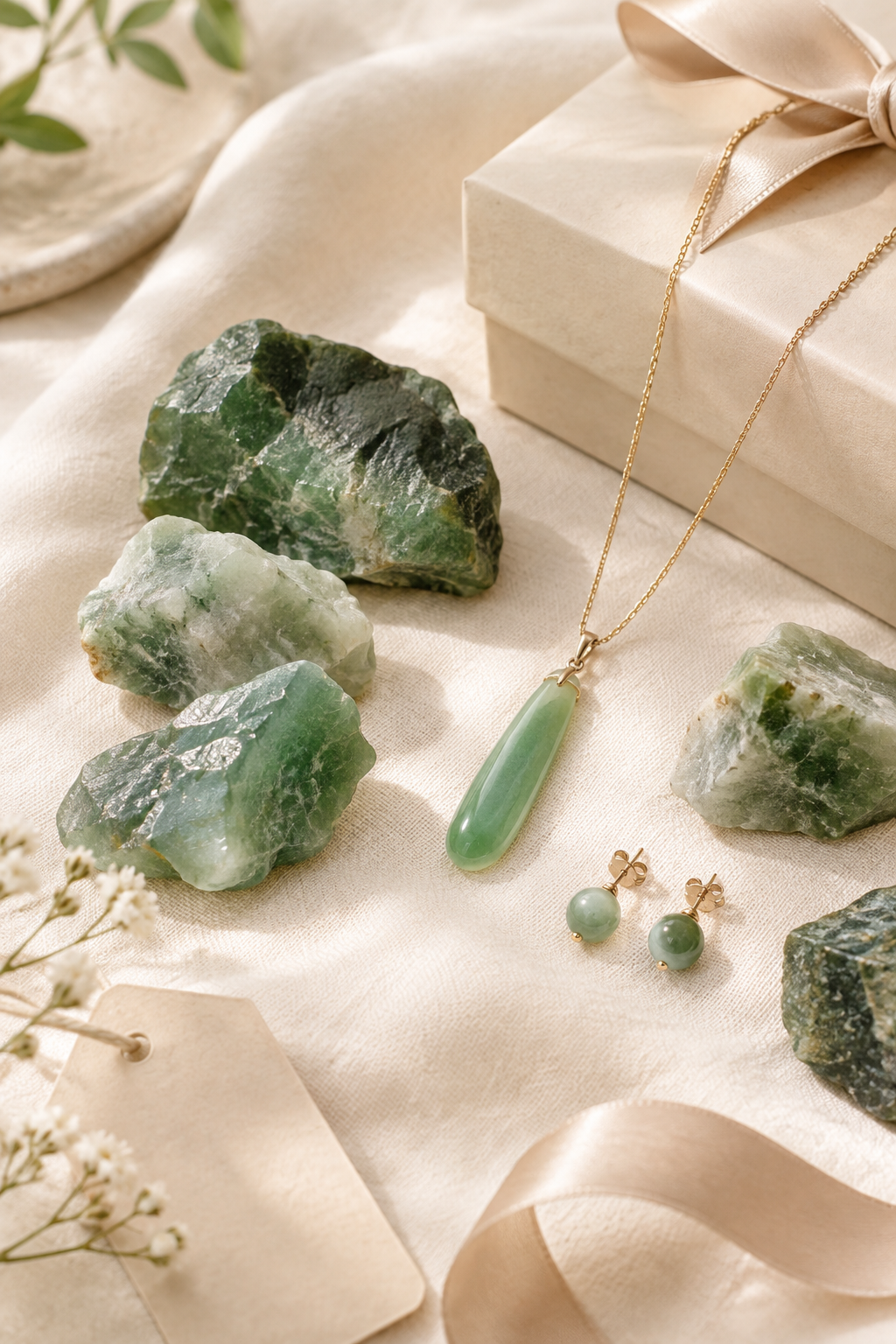 Styled still-life of jade jewelry and raw jade stones arranged on soft fabric with gift wrapping details