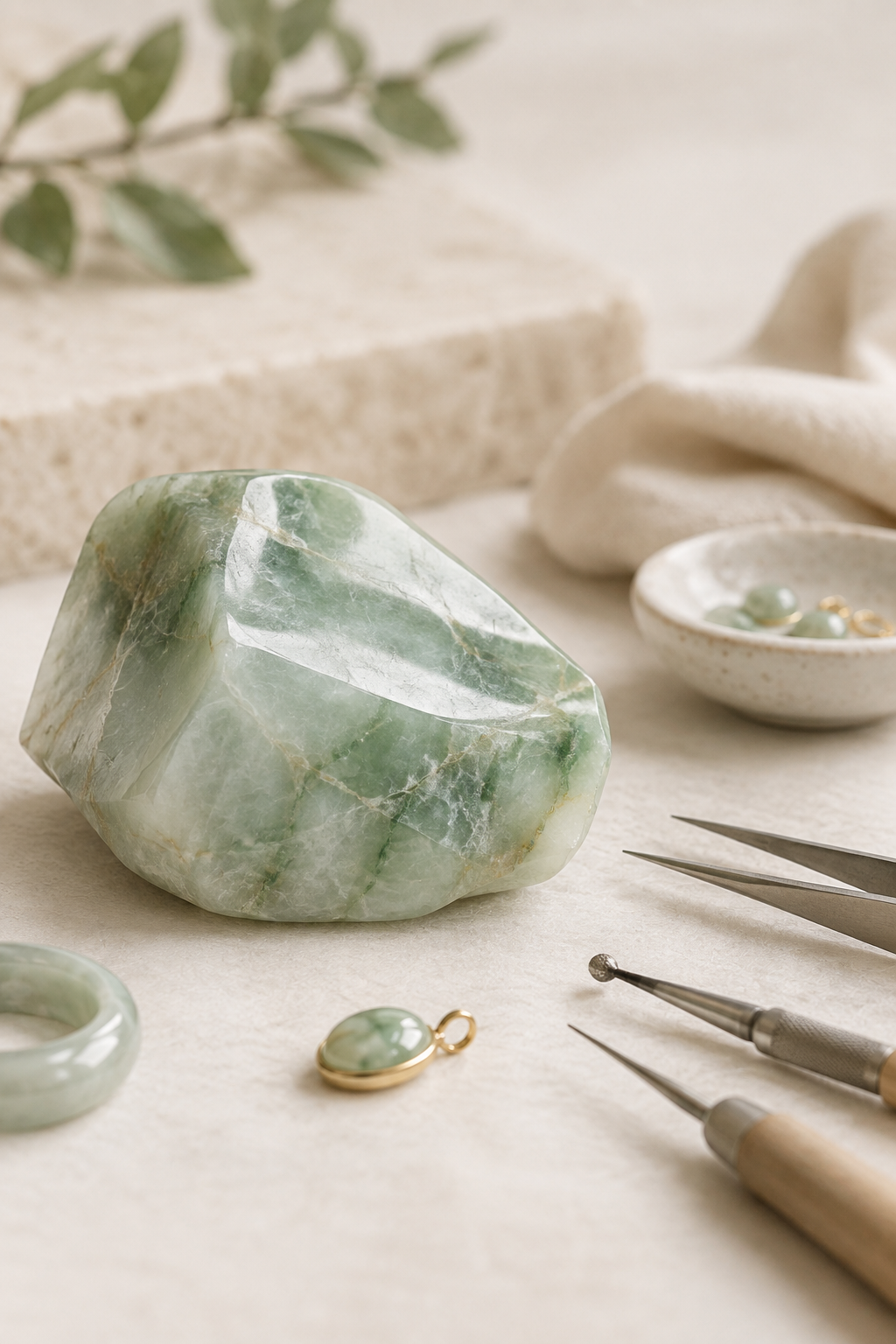 Close-up of polished jade texture and artisan setting details