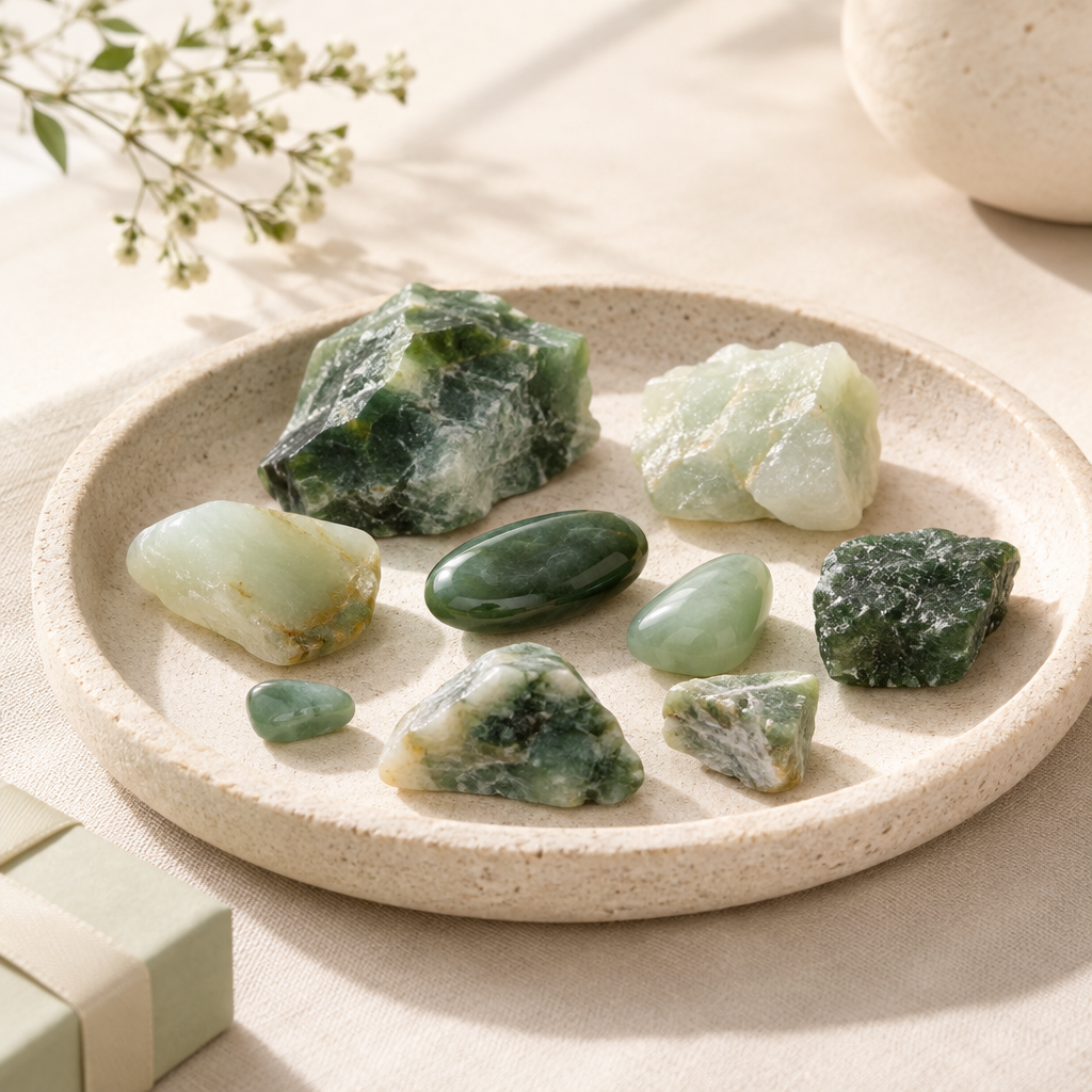 Selection of smooth raw jade stones in varied green tones on a textured neutral tray
