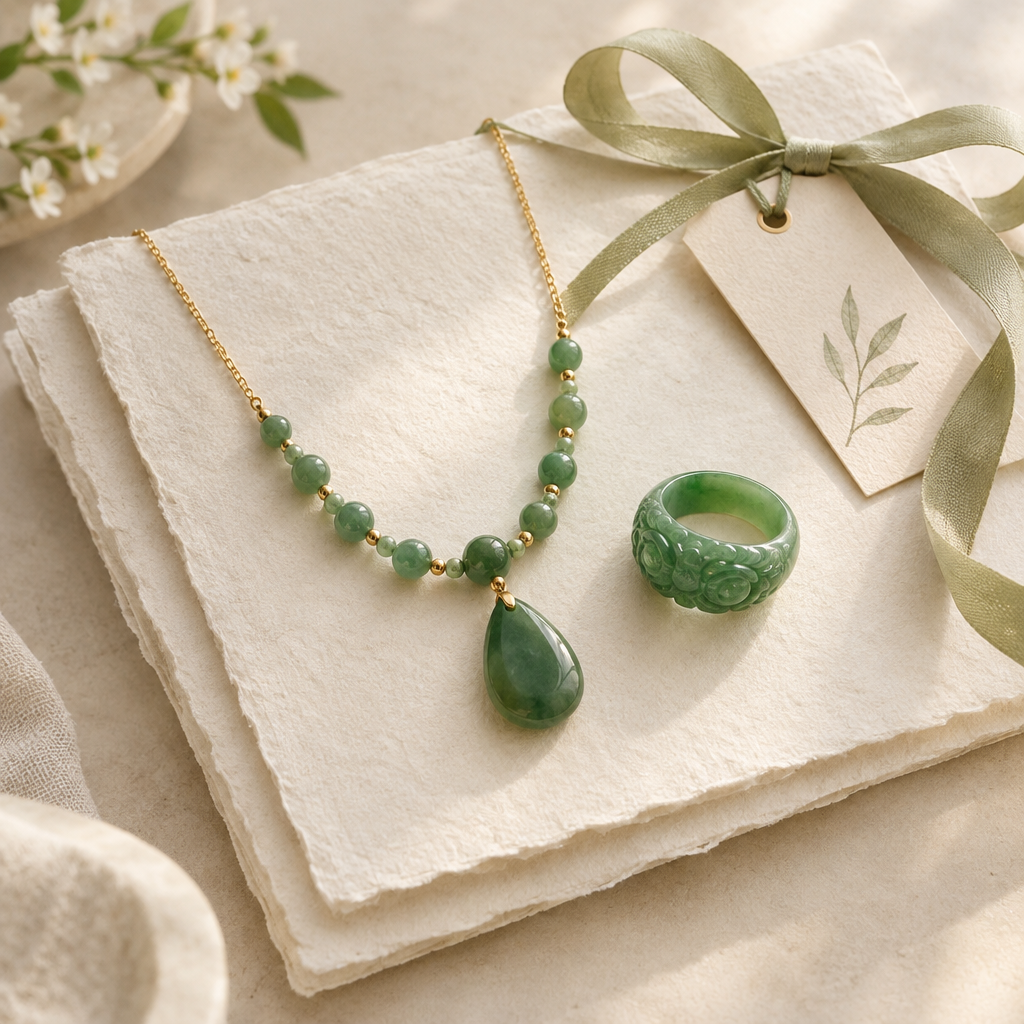 Elegant jade keepsake necklace and ring presented on folded handmade paper with a gift tag