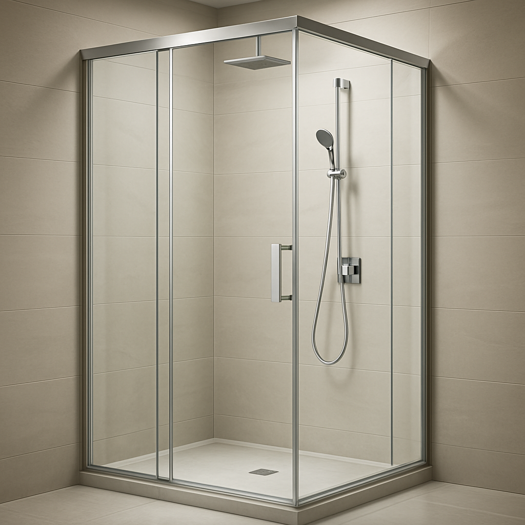 تفاصيل كابينة شاور زجاجية بملحقات ألمنيوم مصقول وإضاءة فندقية