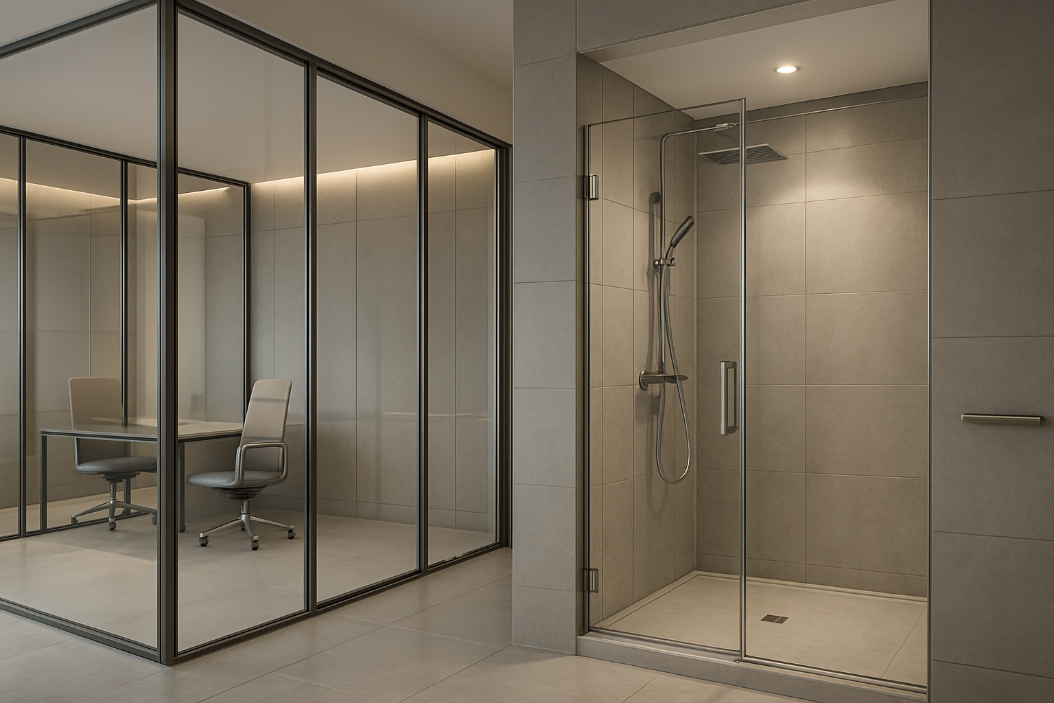 مشهد داخلي حديث يبرز تنفيذ زجاج معماري فاخر يشمل فواصل مكاتب زجاجية وكابينة شاور شفافة مع تفاصيل ألمنيوم وستانلس ستيل لامعة وإضاءة ناعمة
