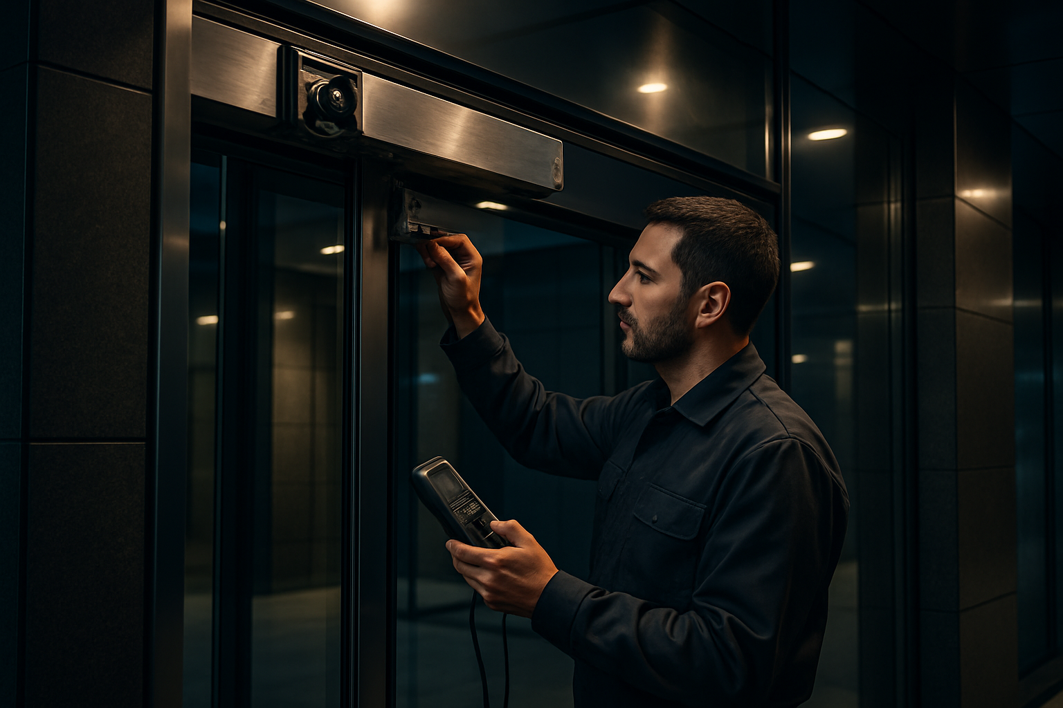 فني صيانة يقوم بفحص وحدة تشغيل باب زجاجي أوتوماتيكي داخل مدخل عصري بإضاءة معدنية أنيقة