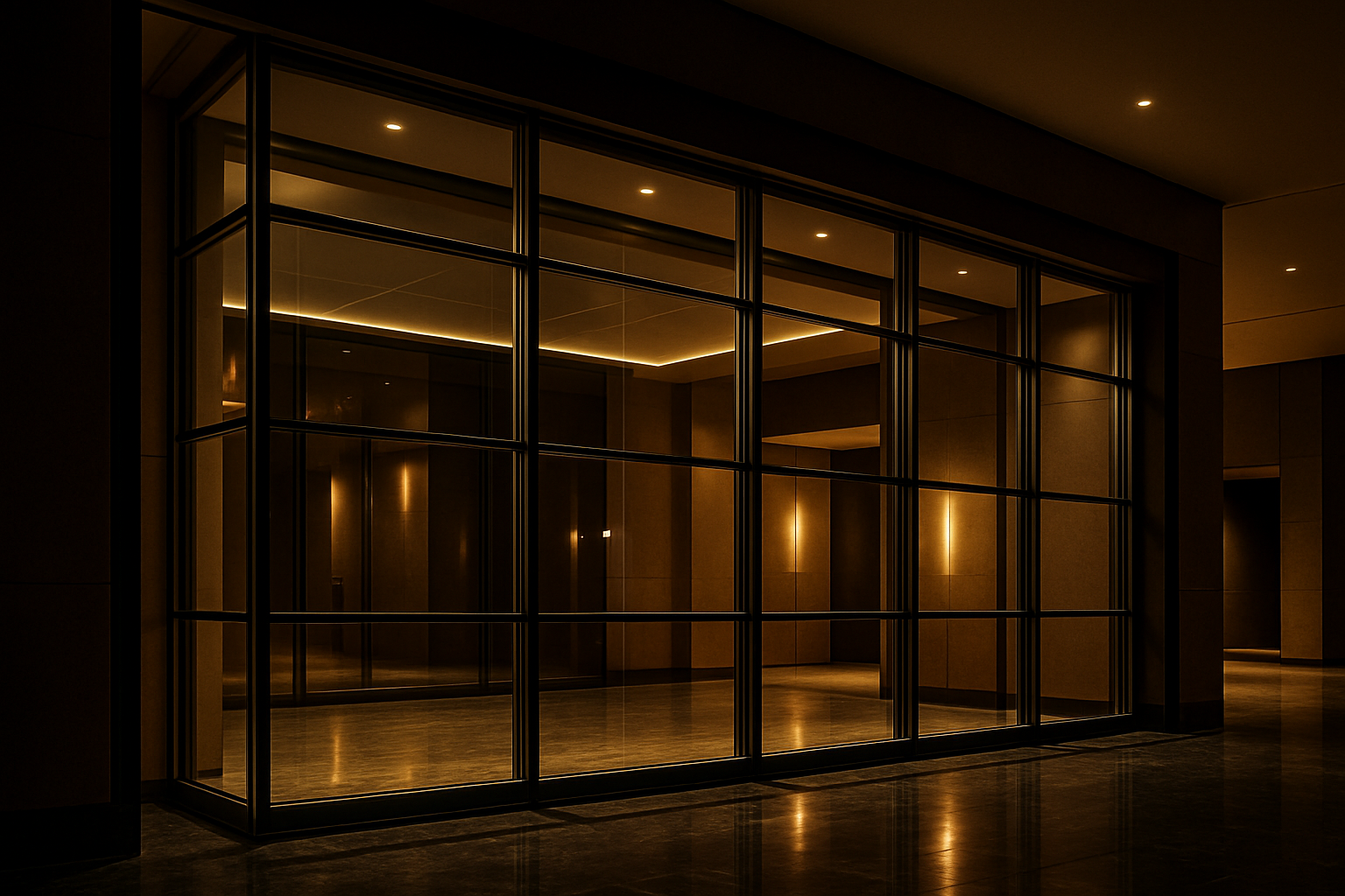 واجهة زجاجية مقاومة للحريق في بهو فاخر مع إطارات ألمنيوم داكنة وإضاءة ذهبية