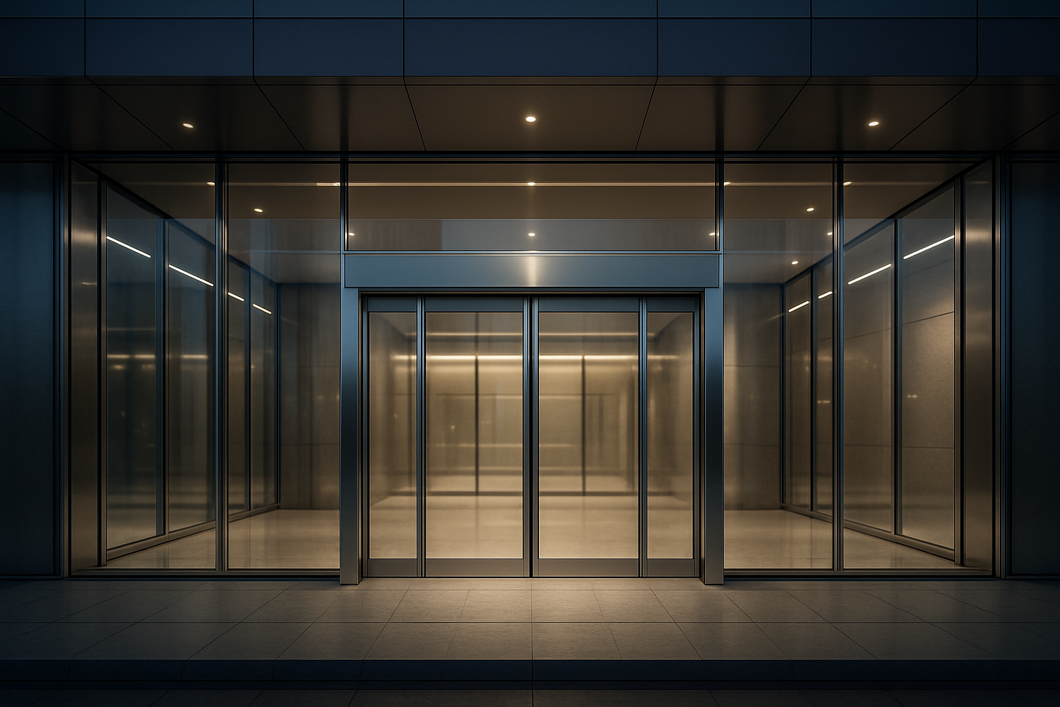 تكوين معماري فاخر بواجهة زجاجية بانورامية ومدخل أبواب زجاجية أوتوماتيكية بإطار معدني أنيق