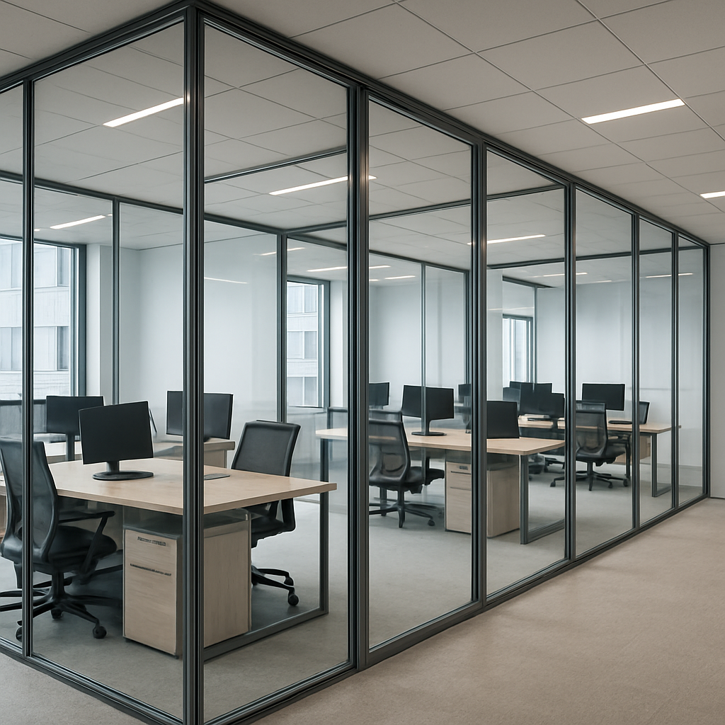 فواصل مكتبية زجاجية شفافة بإطارات معدنية