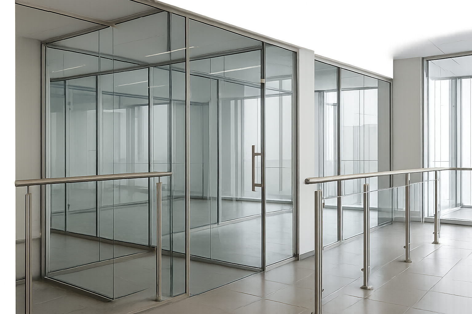 فواصل مكتبية زجاجية راقية بجانب درابزين ستانلس ستيل ولمسات زجاج سيكوريت