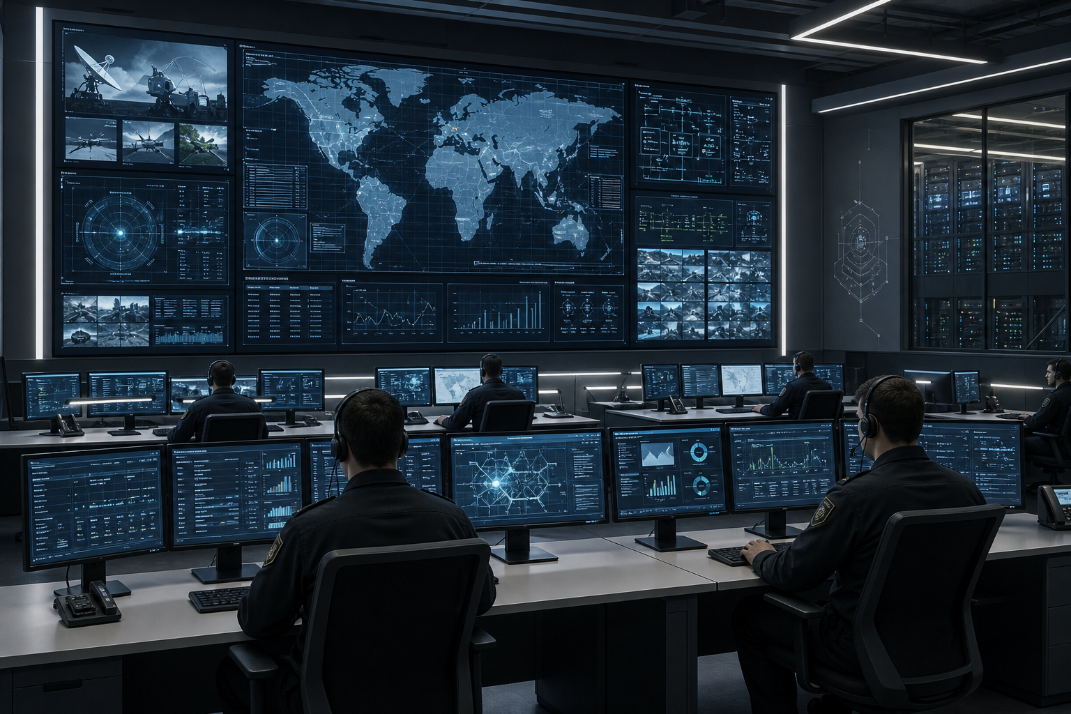 High-tech mission control room with operator consoles, large tactical display walls, and infrastructure monitoring dashboards in a high-security technical environment