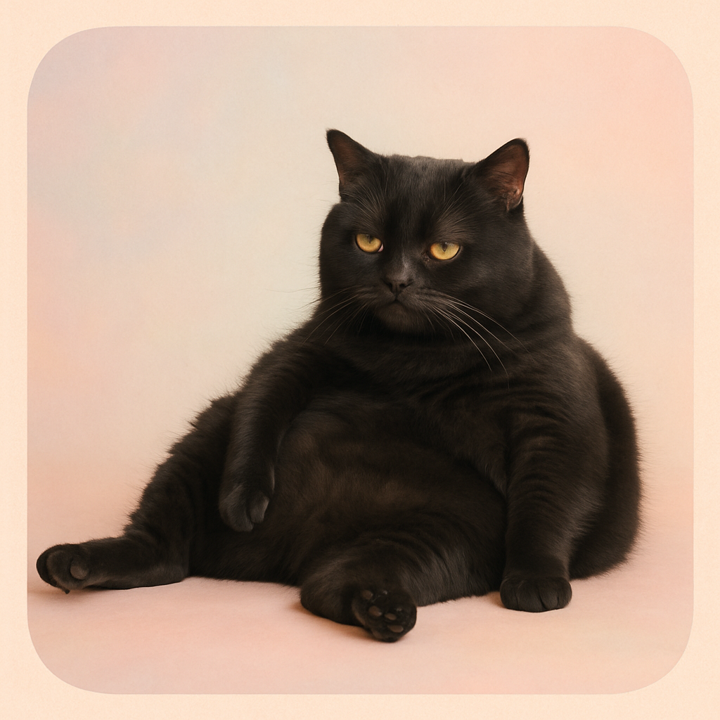 Chubby black cat lounging, looking bored and unimpressed