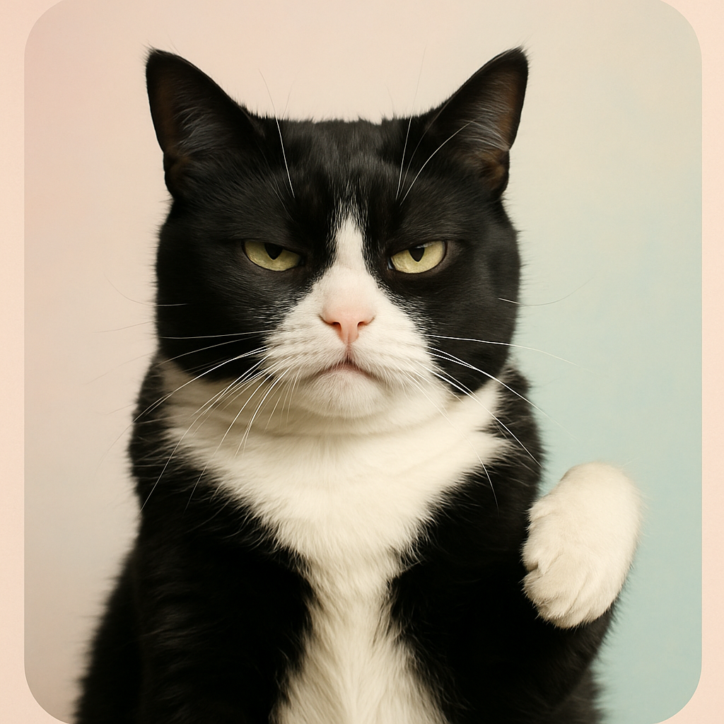 Black and white tuxedo cat with piercing stare and dramatic pose
