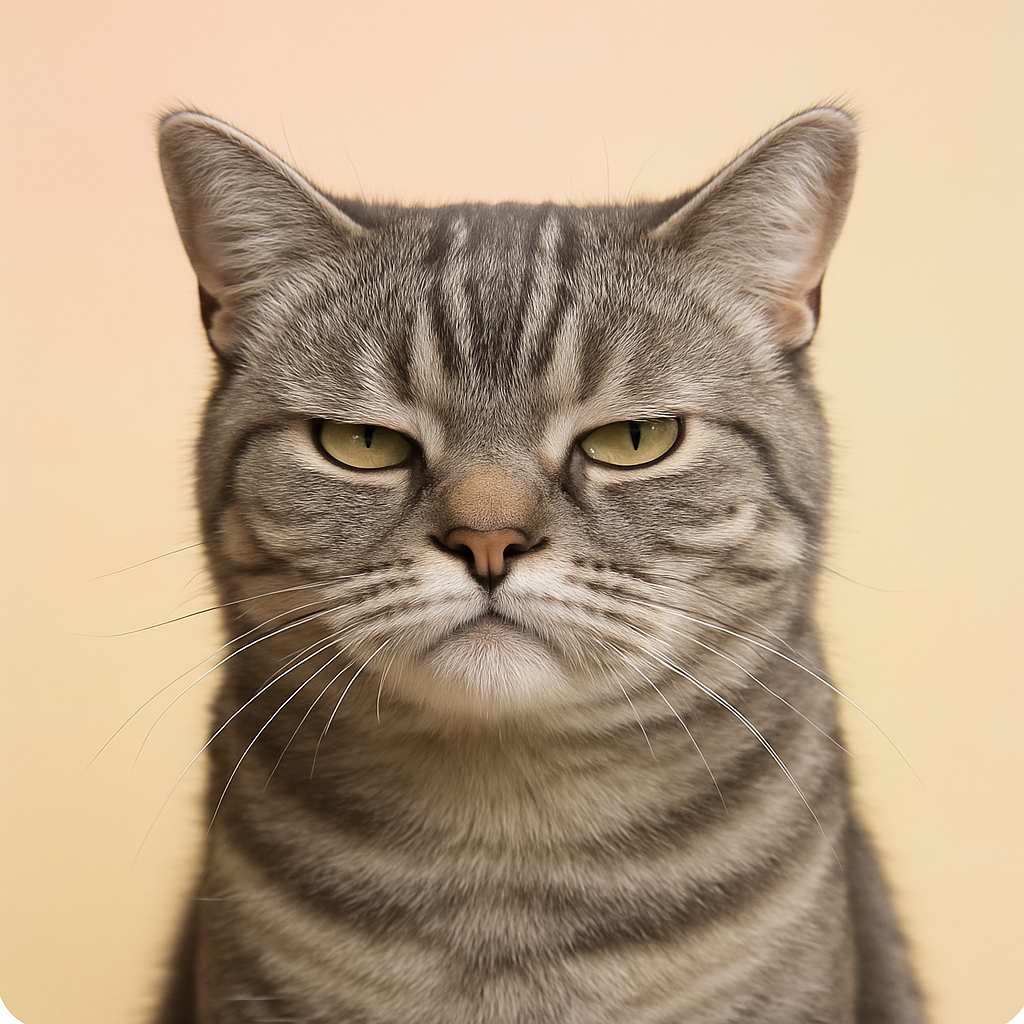 Grumpy grey tabby cat with narrowed eyes giving a skeptical look