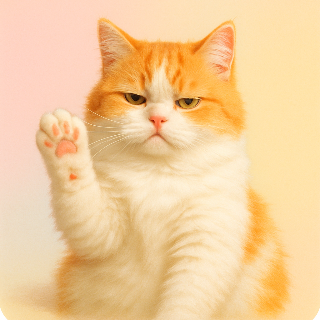 Fluffy white and orange cat looking unimpressed with paw raised