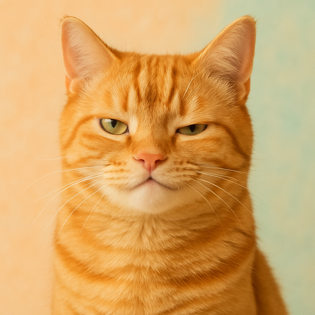 Sassy orange tabby cat with a raised eyebrow, pastel background