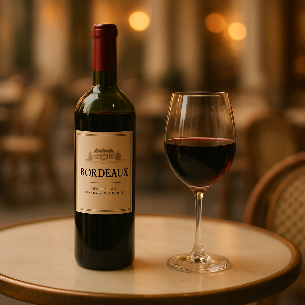 Elegant bottle of red Bordeaux wine with a filled glass on a bistro table