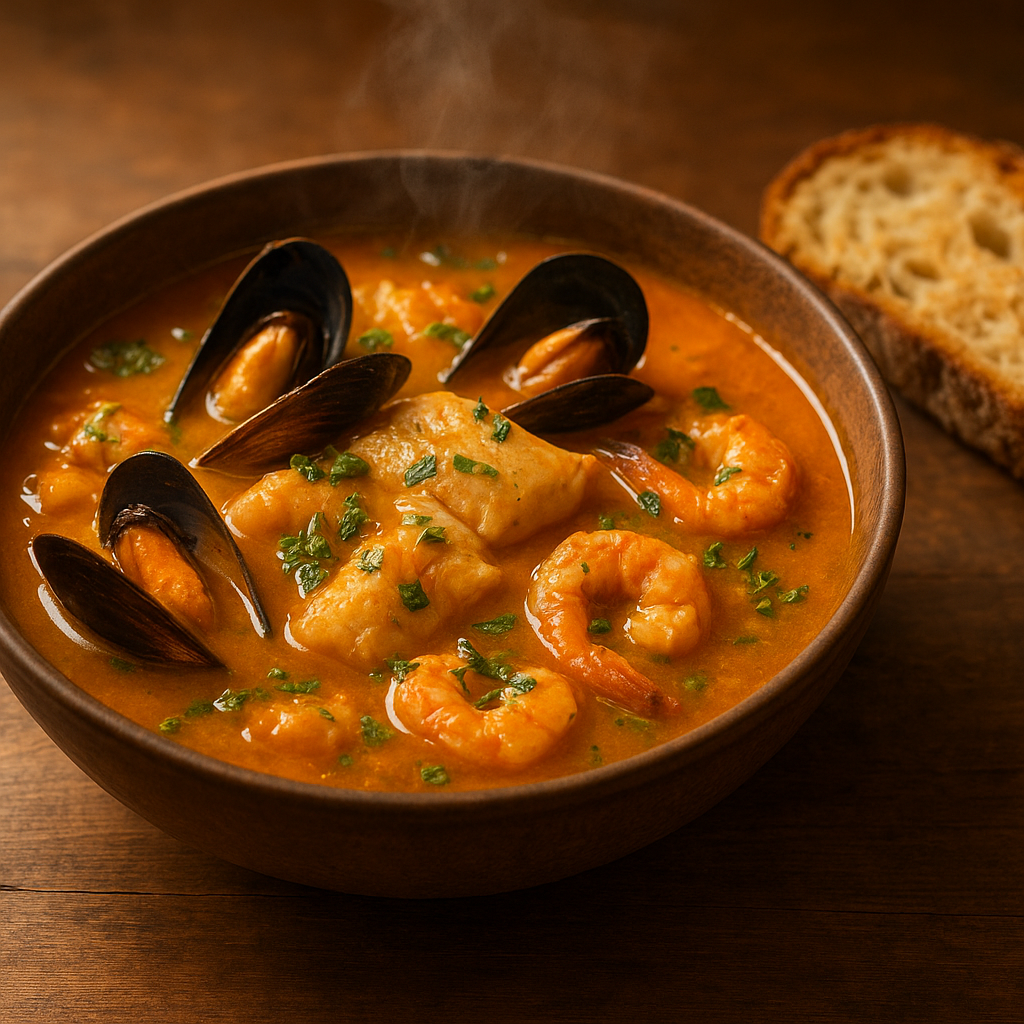 A steaming bowl of authentic Bouillabaisse with assorted seafood, saffron broth, and rustic bread, photographed in natural light